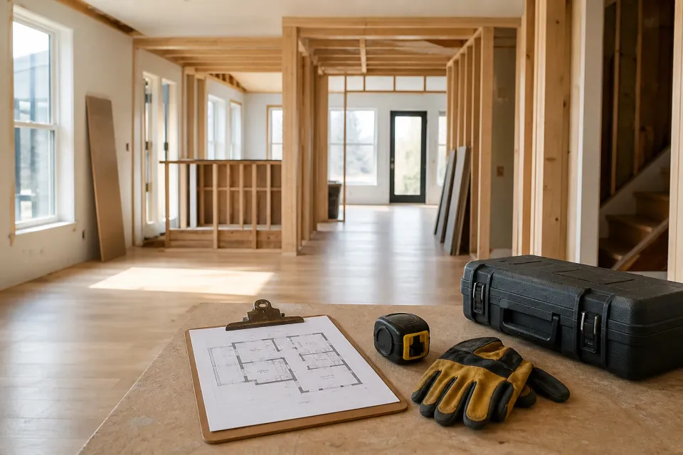 Illustrative orderly construction coordination scene with plans and tools