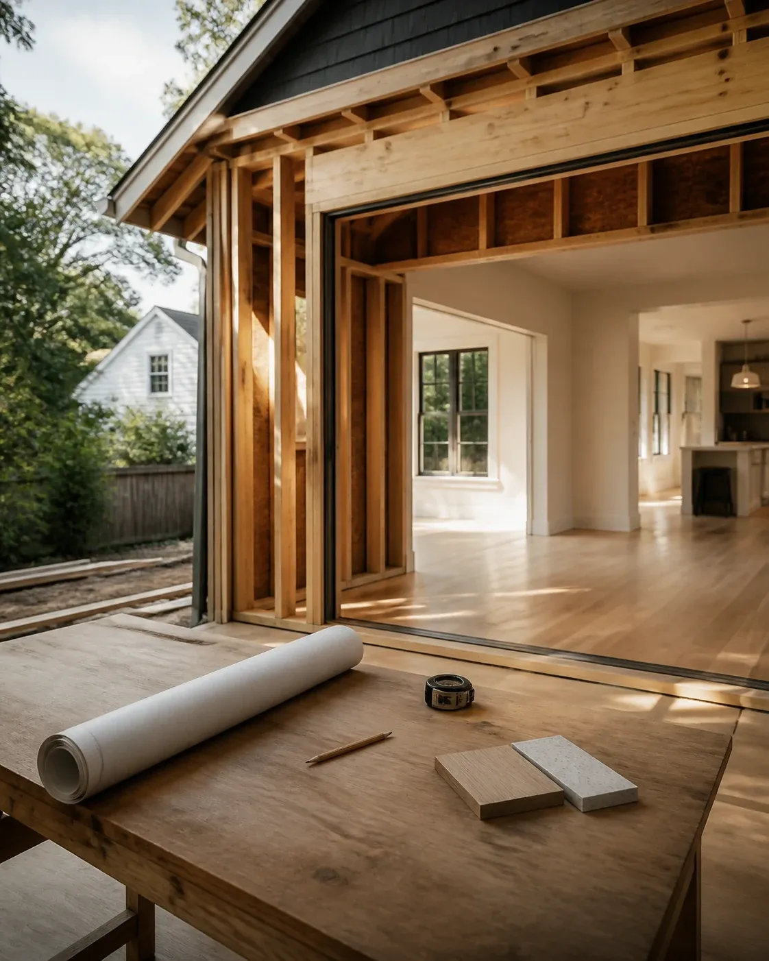 Illustrative construction scene showing a framed residential addition and project planning materials