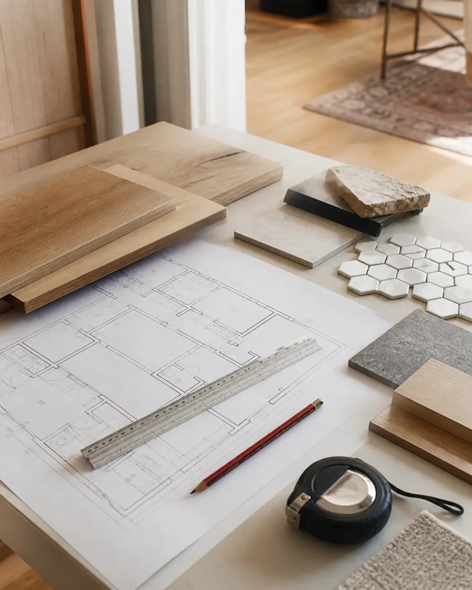 Illustrative construction planning scene with floor plans and material samples
