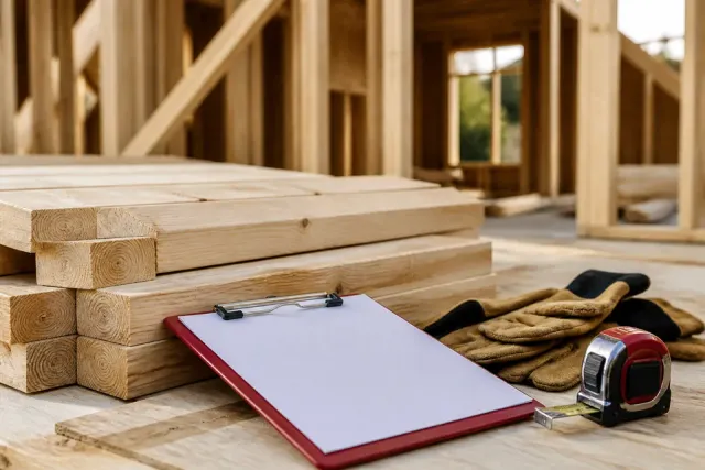 Framing lumber, clipboard, gloves, and tape measure