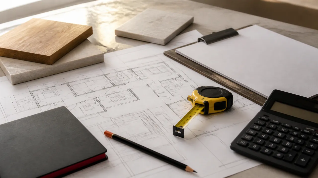 Construction plans, material samples, a calculator, and a tape measure arranged on a worktable