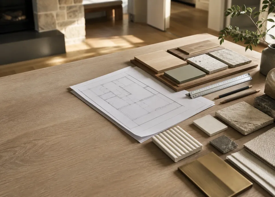 Architectural plans and material samples arranged on a work table