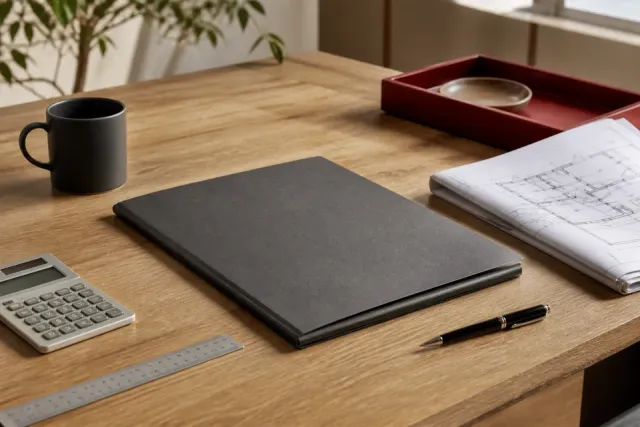 Project proposal folder and calculator on a desk