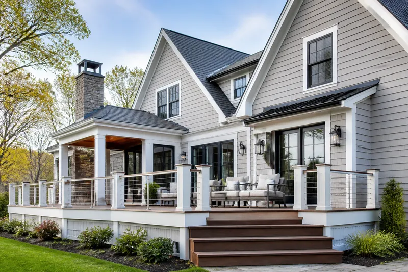Completed home exterior with deck, siding, and detailed exterior carpentry