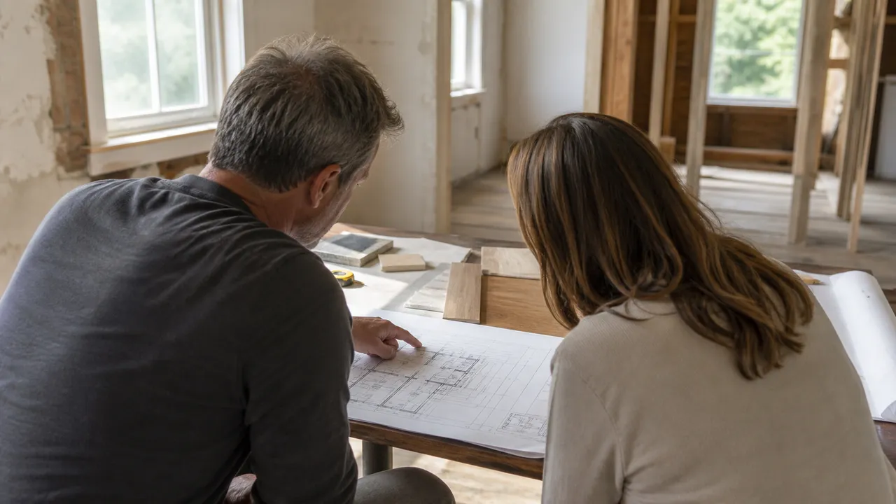 Homeowner and project coordinator reviewing plans and material samples in a partially renovated home