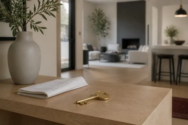 Brass key in a completed home interior
