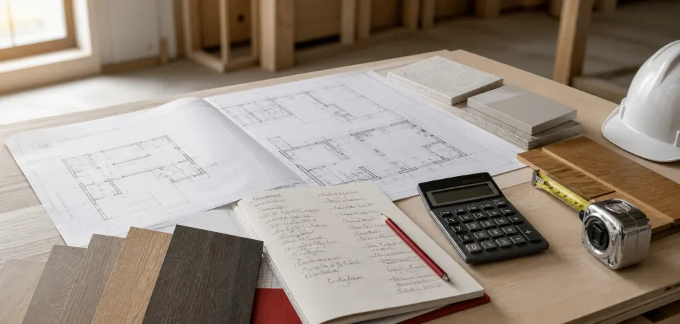 Construction plans, material samples, calculator, and measuring tools on a project planning table