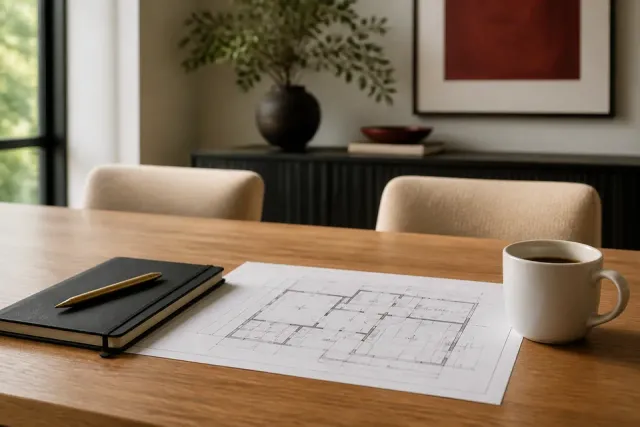 Floor plan and notebook on a meeting table