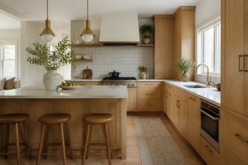 Completed kitchen with warm wood cabinetry, pale stone surfaces, and brass fixtures