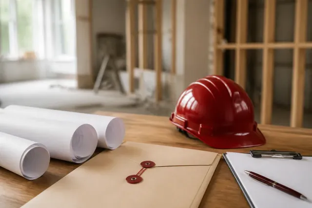 Hard hat, permit envelope, and construction drawings