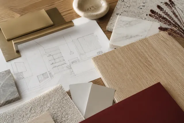 Interior material samples and a design drawing