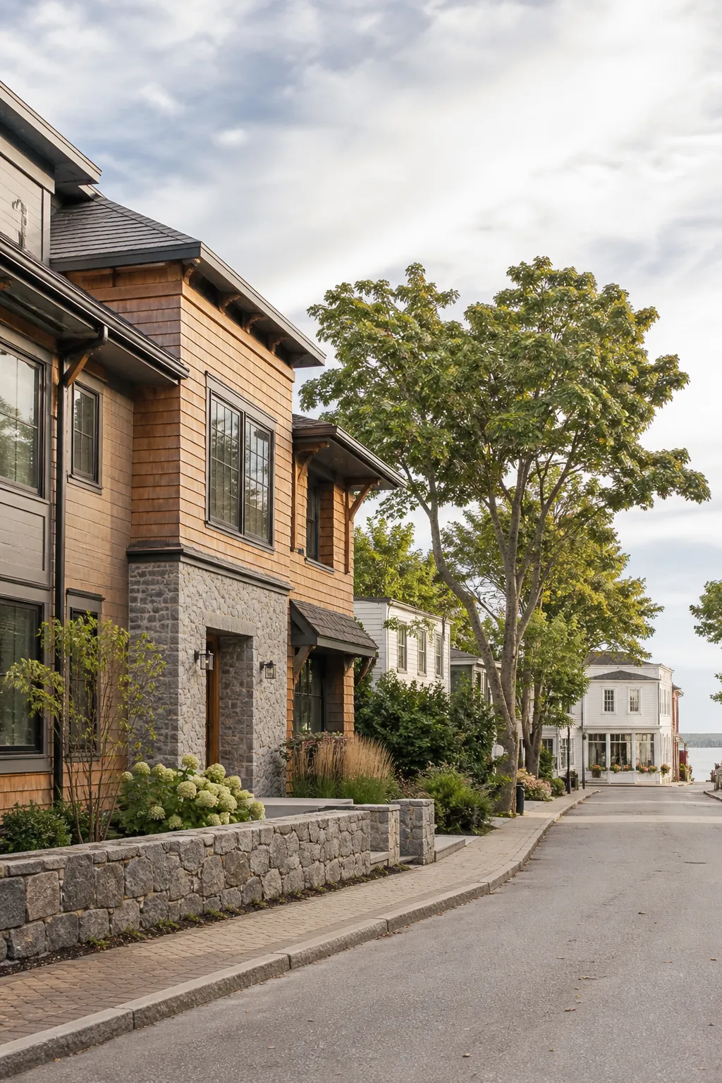 Illustrative New England streetscape with residential and small commercial construction