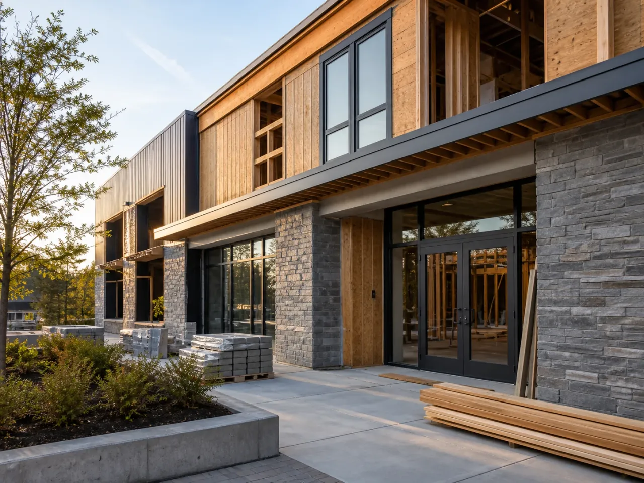 Partially completed mixed-use building with wood siding, stone, and framed openings