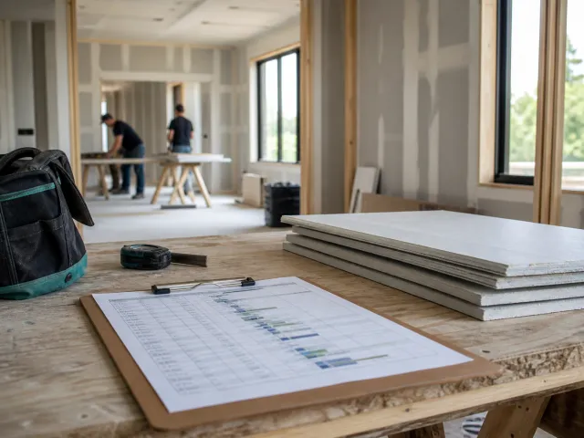 Construction coordination materials on a workbench in an active interior renovation