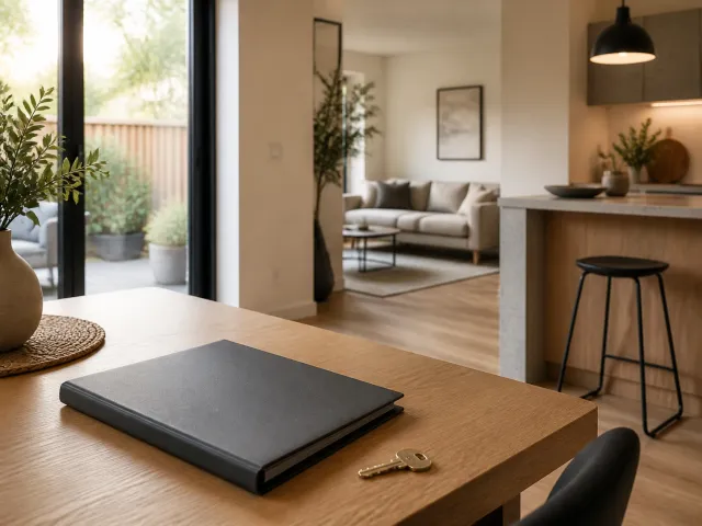 Completed warm modern interior with a project folder and brass key on a wood table