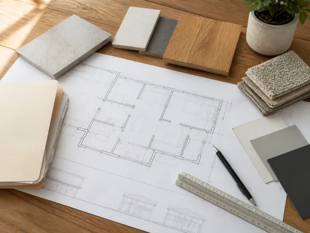 Architectural plans with wood, stone, and textile material samples