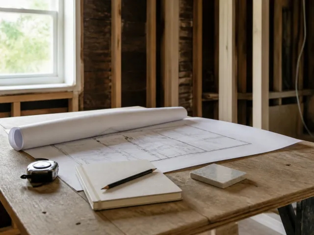 Floor plan, notebook, and tape measure on a work table in an unfinished interior