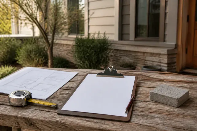 Clipboard, tape measure, and plans at a project site